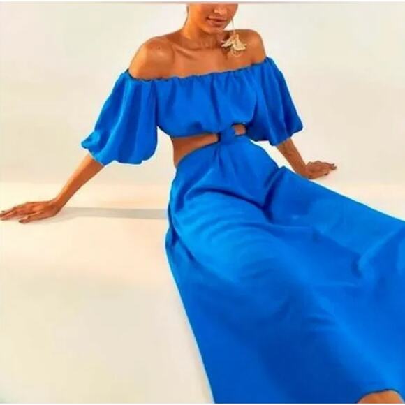 Farm Rio Knotted Cut Out Linen Blend Midi Dress Blue Women's Size XS - Picture 4 of 12